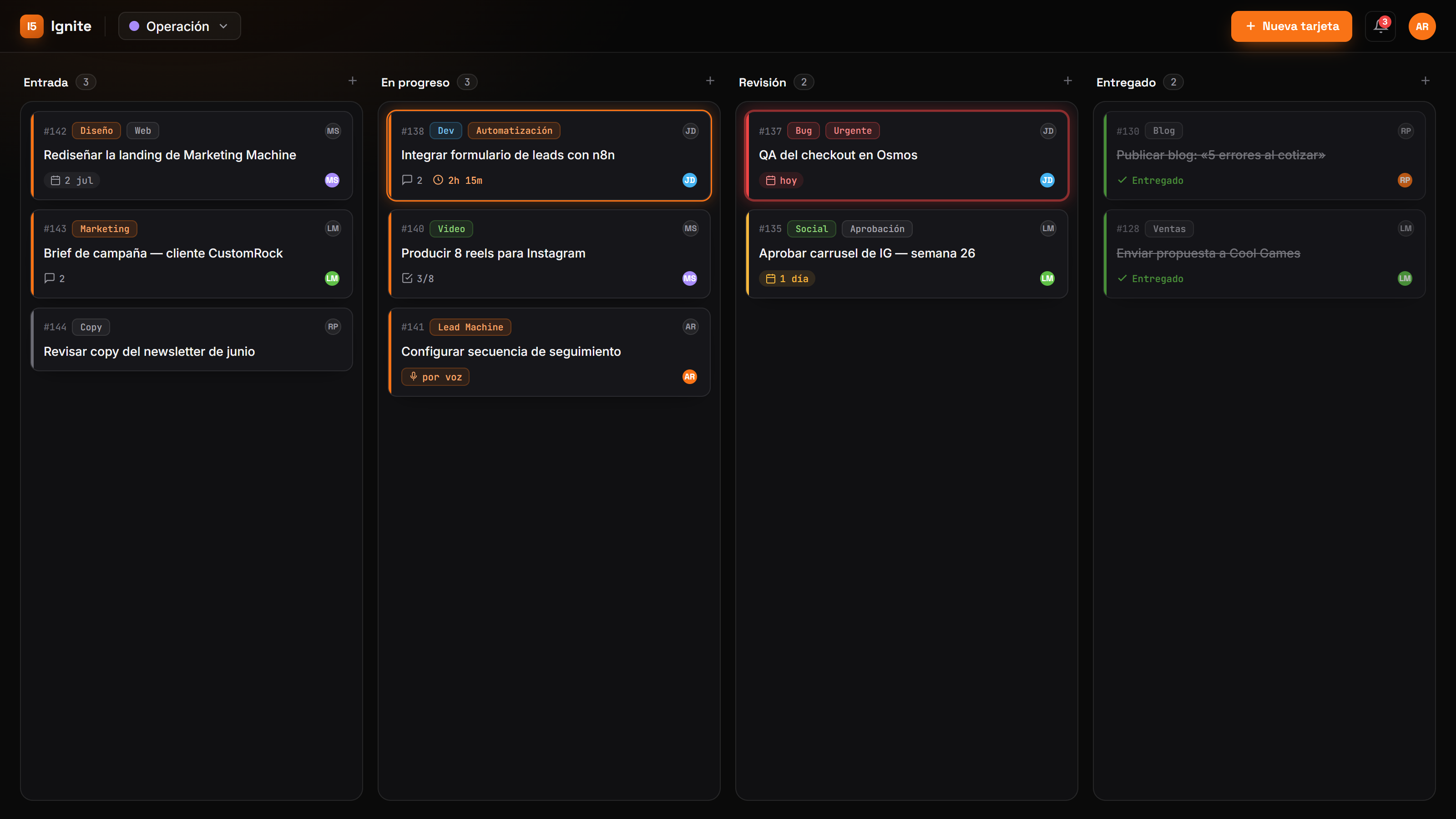 Tablero de proyectos en Project Machine