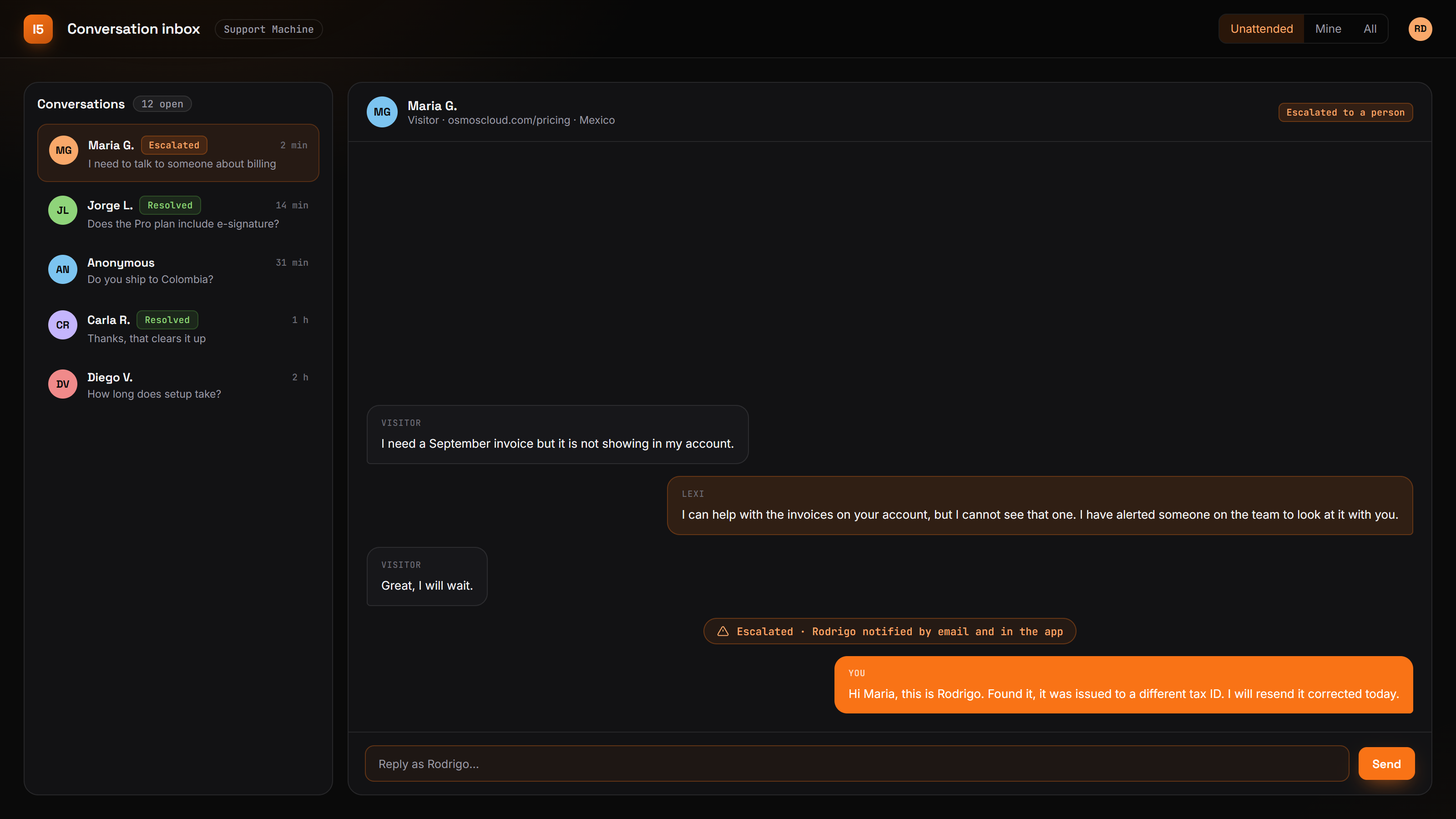 Conversation inbox with an escalation and the operator taking over