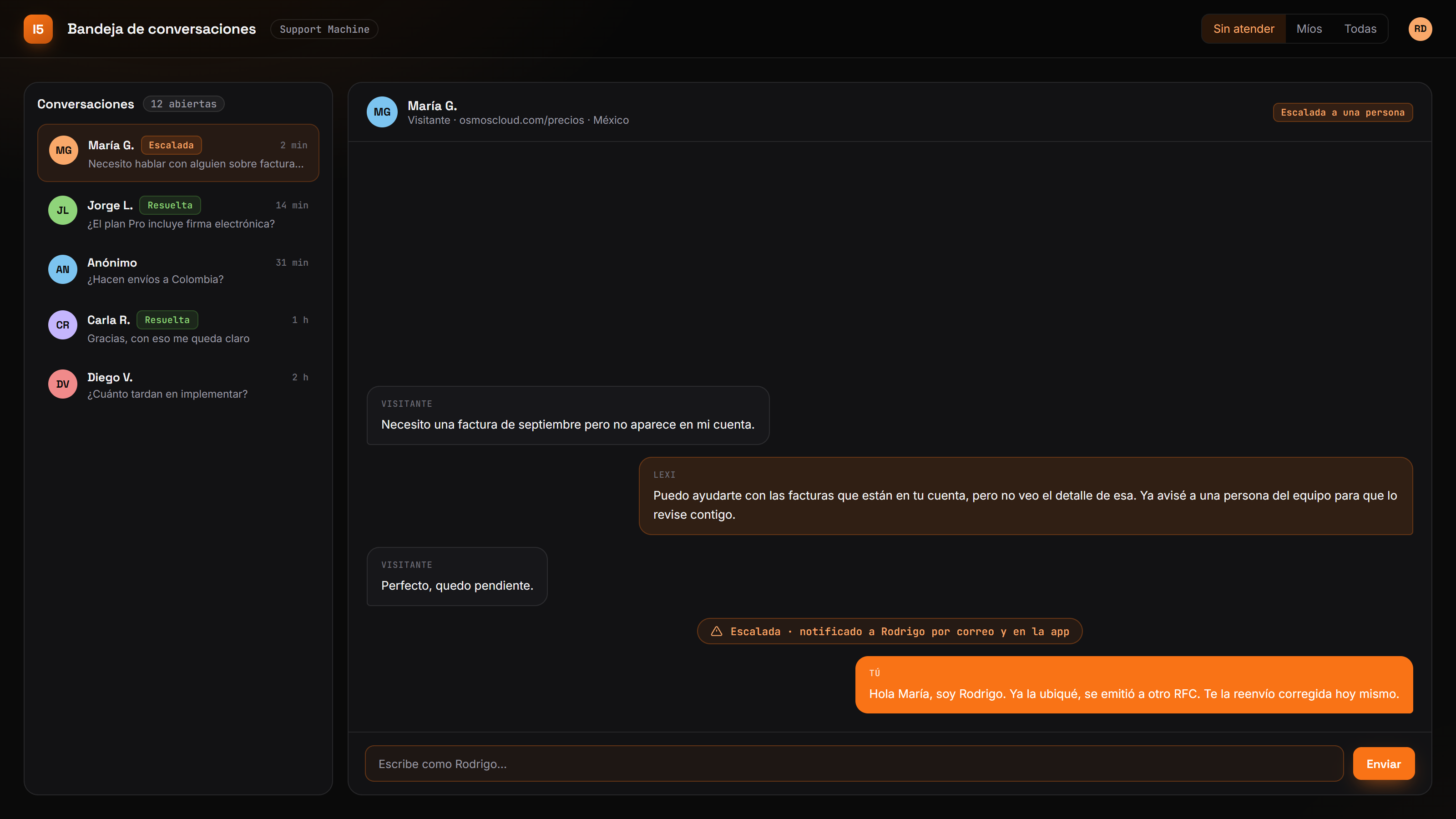 Bandeja de conversaciones con una escalada y el operador tomando el control