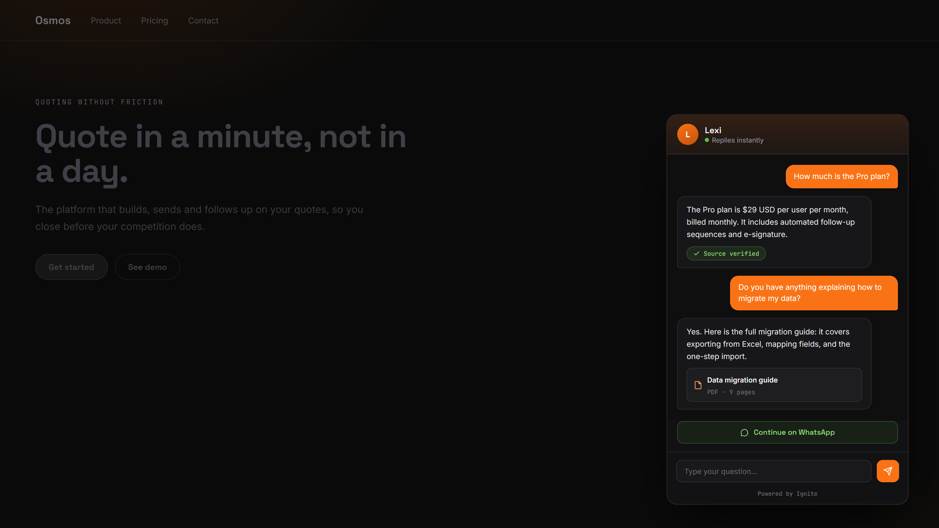 The widget answering on a customer site, citing its source