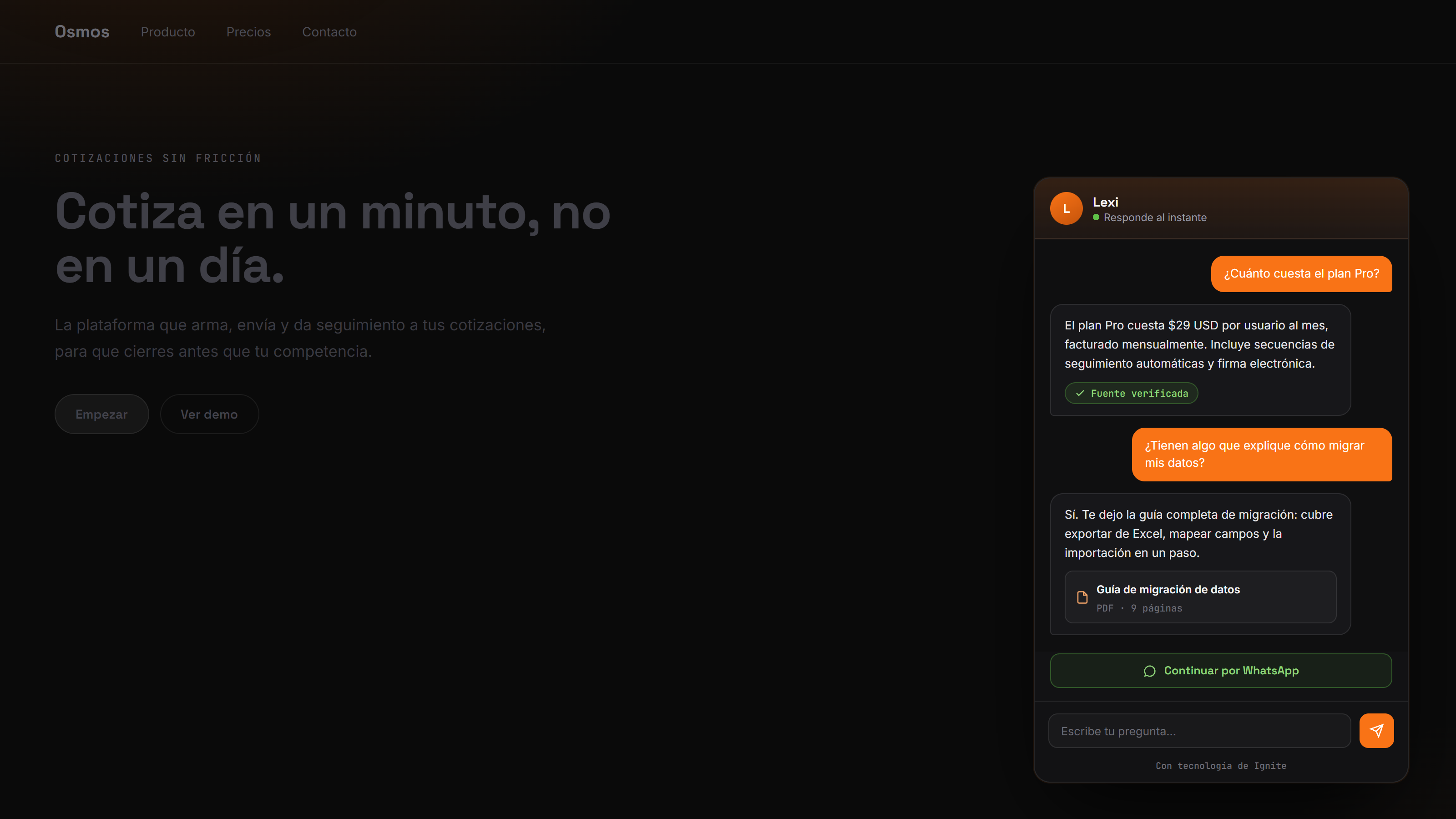 El widget respondiendo en el sitio de un cliente, citando la fuente