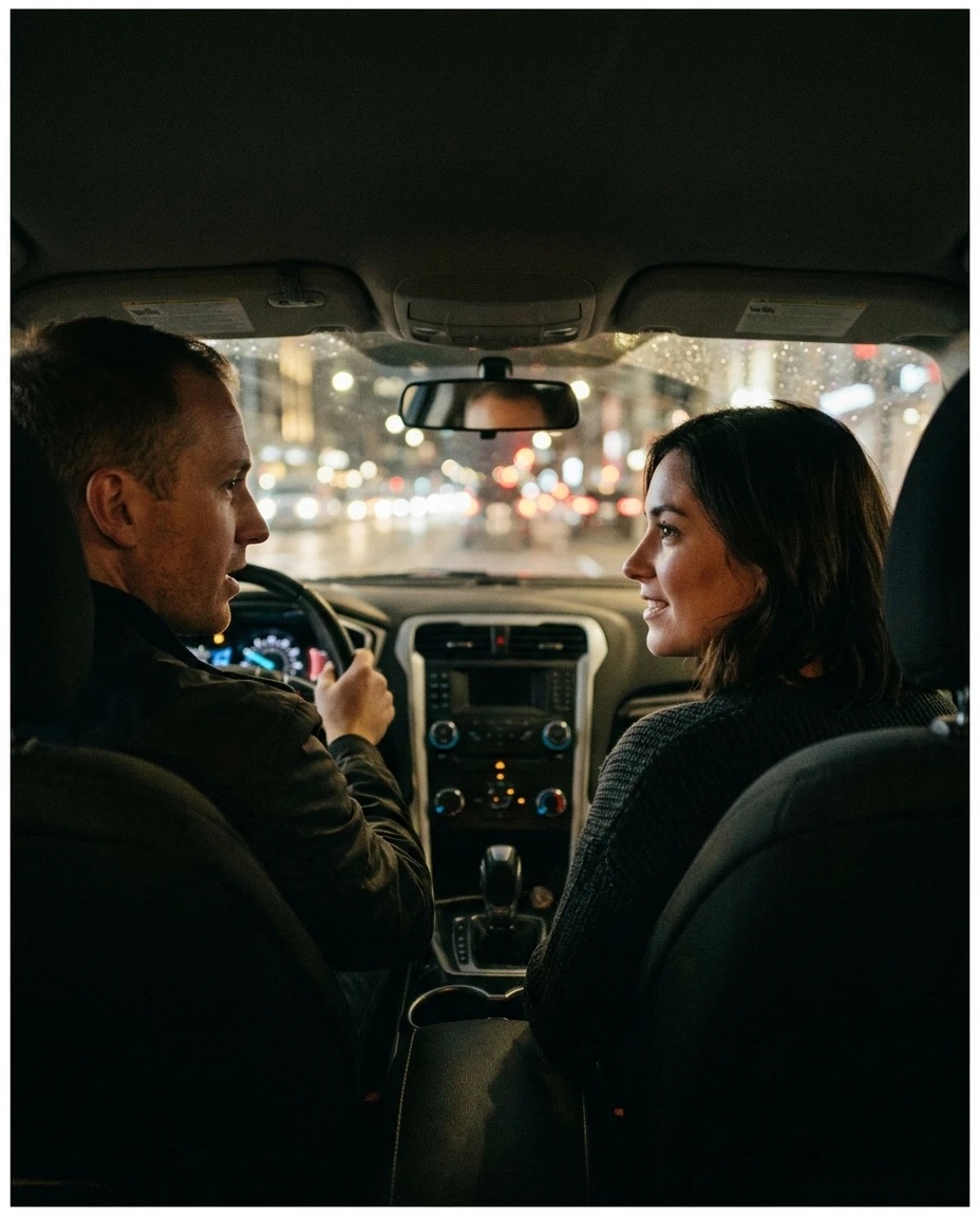 A candid, slightly cinematic photo taken from the back seat of a car at night. A man and a woman are in the front seats, both visible in profile. The woman is looking at the man with a curious expression, mid-conversation. City lights blur softly through the windows. Mood is warm and intimate, like a real moment, not a stock photo. Slight film grain. No text overlays.