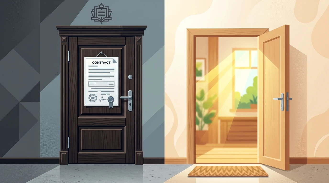 Dos puertas contrastantes lado a lado: una etiquetada con un documento de contrato corporativo formal, la otra abierta y acogedora con luz natural viniendo a través, estilo gráfico simbólico y limpio